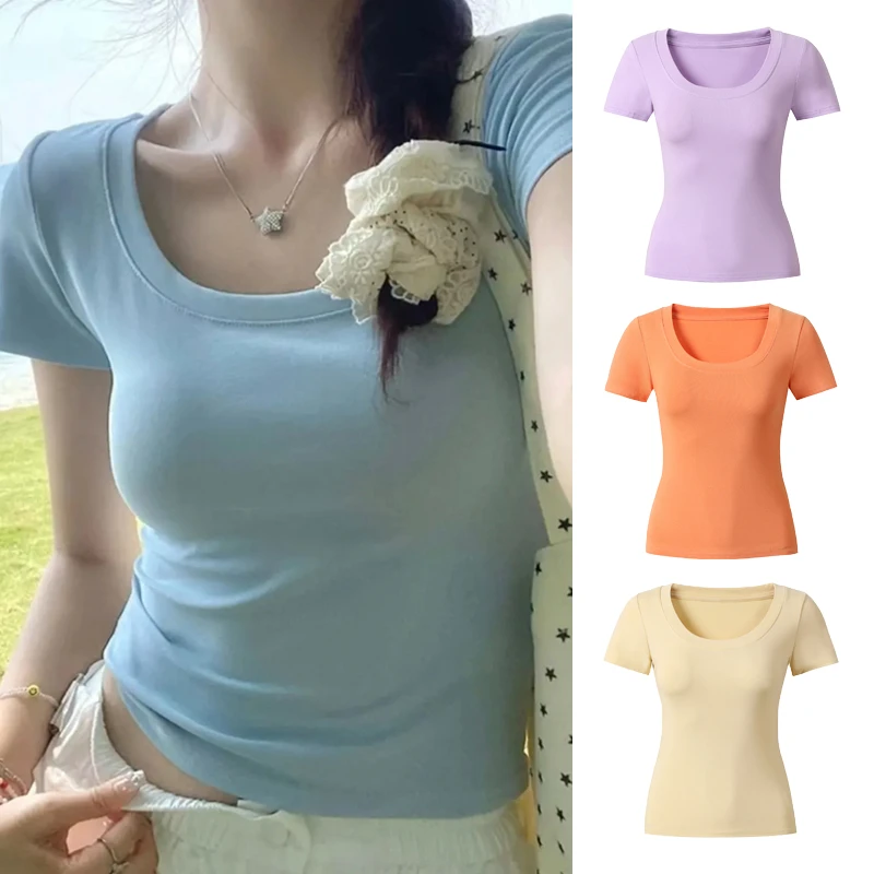 2025夏季正肩短袖t恤女打底锁骨甜辣修身显瘦短款上衣ins#3872