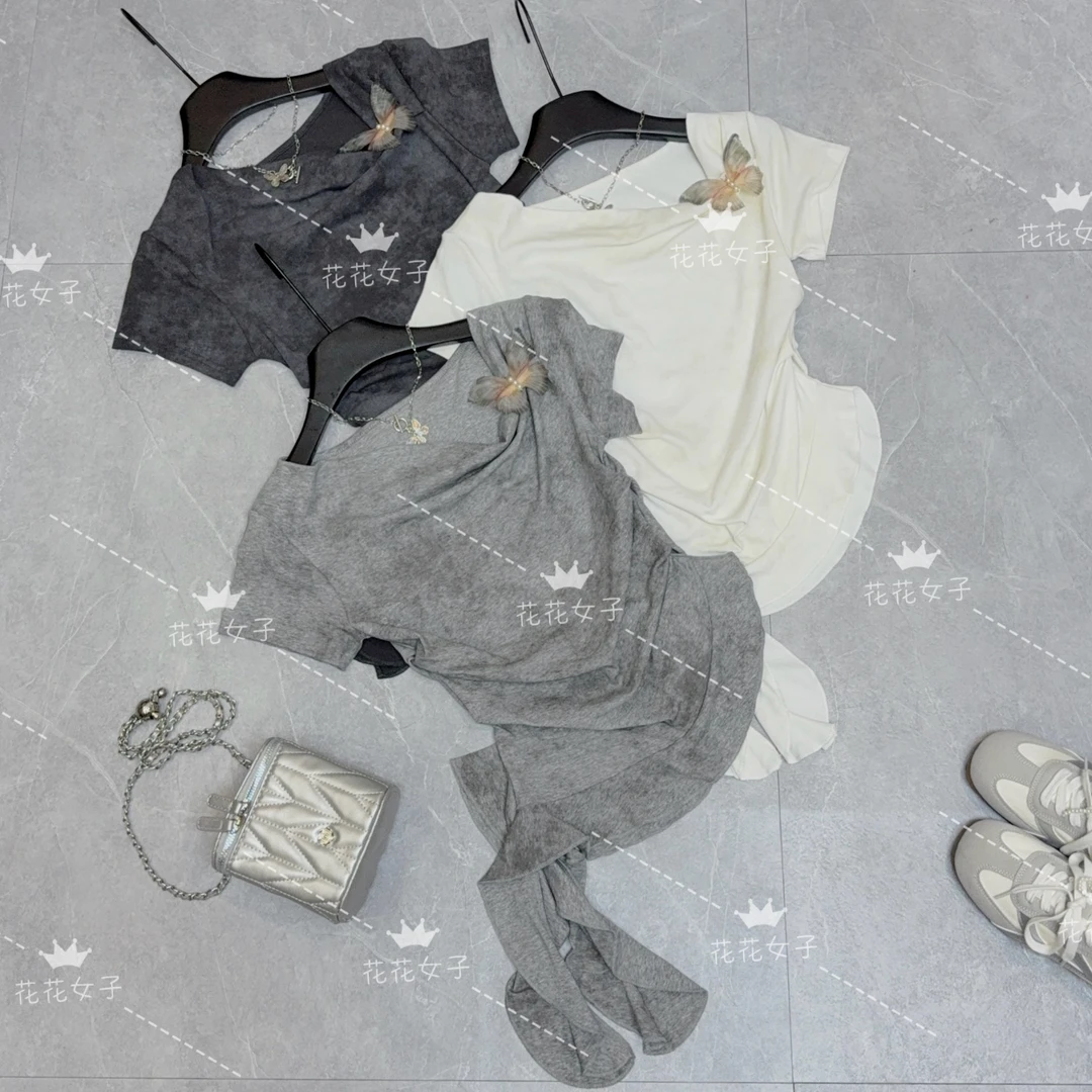 2025韩版夏季不规则扎染短袖T恤立体蝴蝶装饰斜领显瘦女上衣