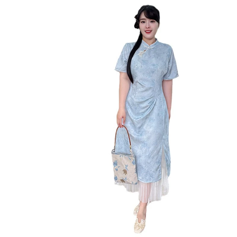 51537新中式年轻款日常可穿素雅改良夏季新款前开叉气质大码旗袍