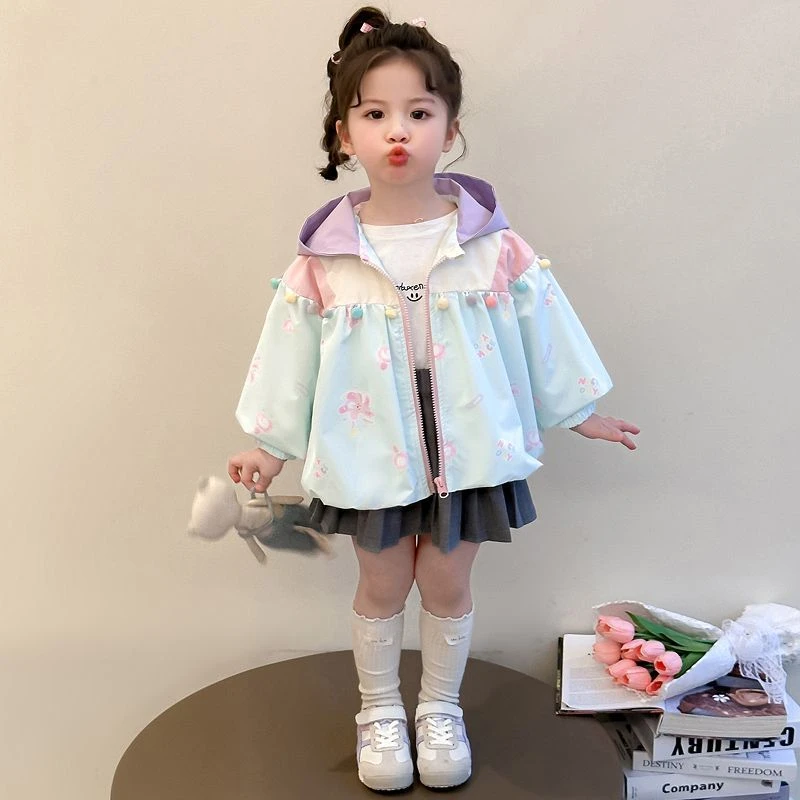 女童春装外套2025新款儿童夹克衫洋气女宝宝冲锋衣春秋季连帽风衣
