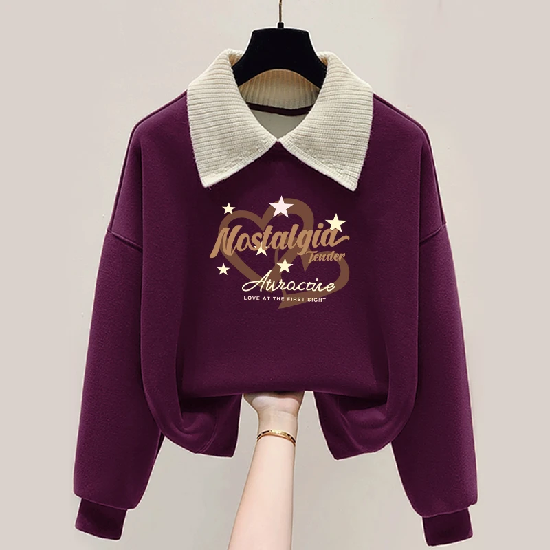 2025秋冬新款安可拉红加绒加厚polo领卫衣宽松遮肉假两件上衣