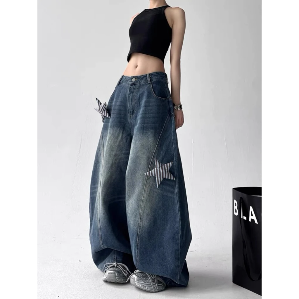 什僖美式复古水洗做旧牛仔裤女2025夏设计感星星贴布廓形弯刀裤