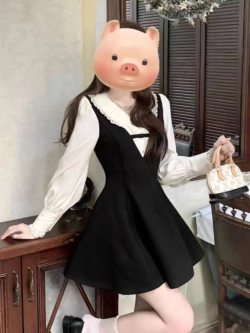 赫本风收腰娃娃领假两件气质秋冬法式显瘦连衣裙黑色