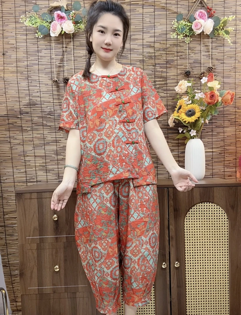 新中式妈妈装女2025夏季新款盘扣宽松遮肚上衣中老年洋气两件套