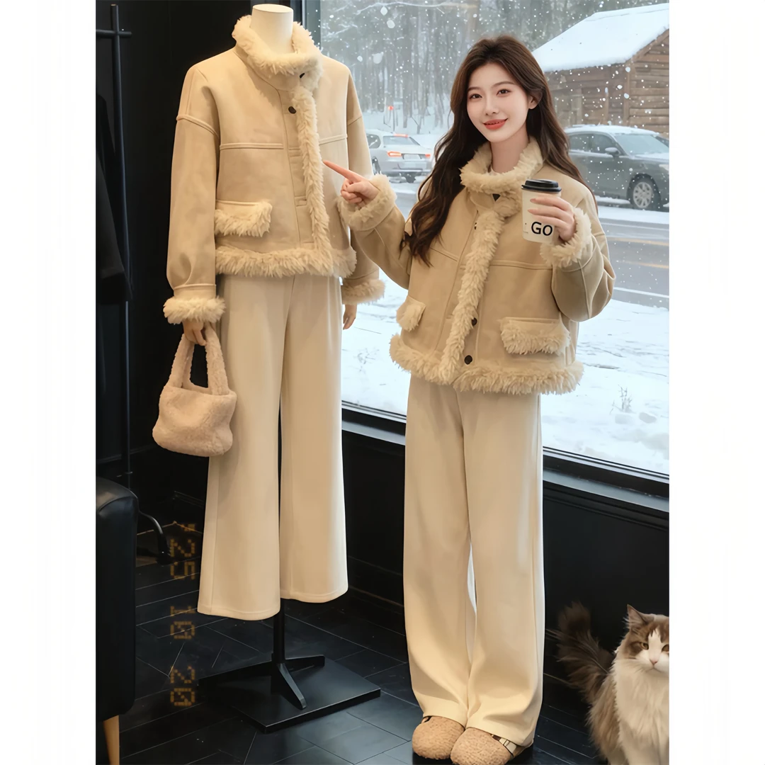 2025秋冬季新款短款毛领外套高腰阔腿裤时尚套装女