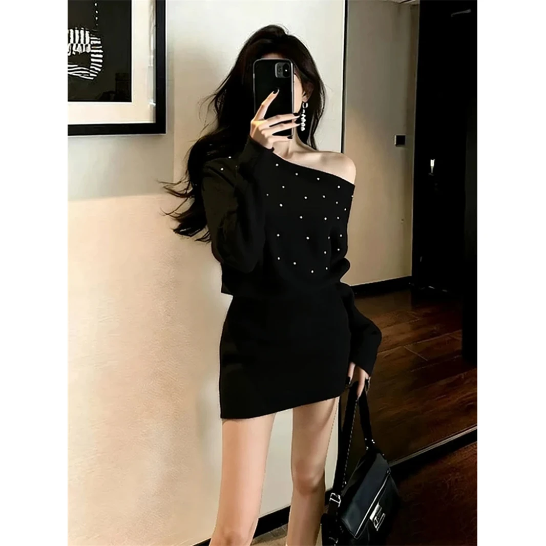 parkyeon法式黑色露肩针织连衣裙女秋冬绝美气质高级感修身包臀裙