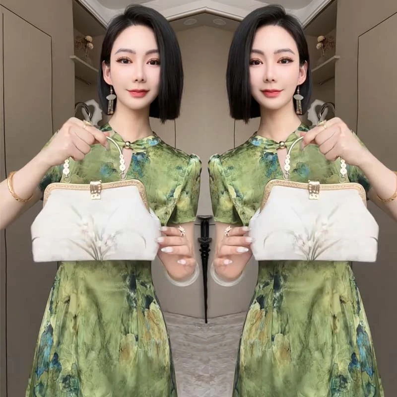 2025夏季新款新中式国风复古斜襟盘扣提花旗袍上衣半身裙两件套女