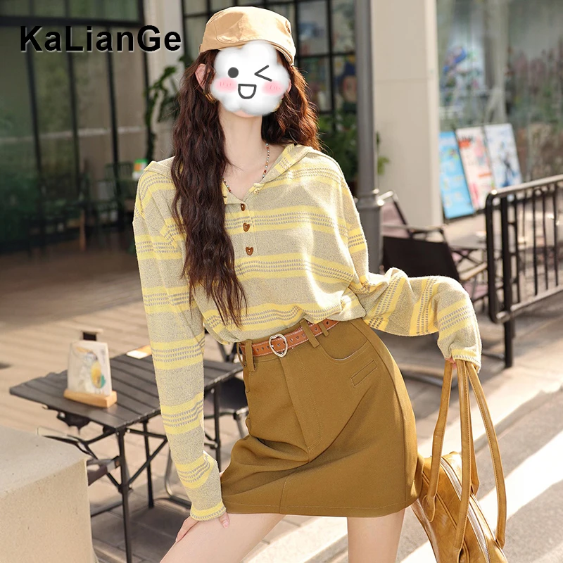 卡莲格/设计感条纹连帽长袖打底衫女秋季新款显瘦复古针织衫上衣