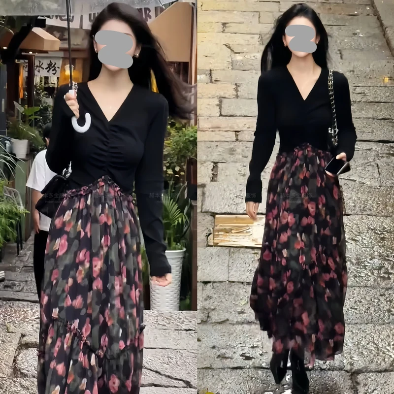 2025秋冬新款百搭气质轻奢感高级感高腰印花拼接长袖碎花连衣裙女