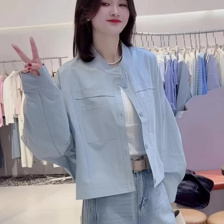 时尚短款圆领休闲外套女2025春夏新款休闲百搭小个子开衫夹克上衣