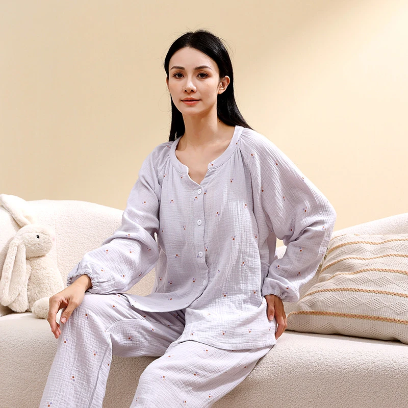 自带胸垫月子服简约睡衣春秋纯棉长袖孕妇待产哺乳期套装产后喂奶