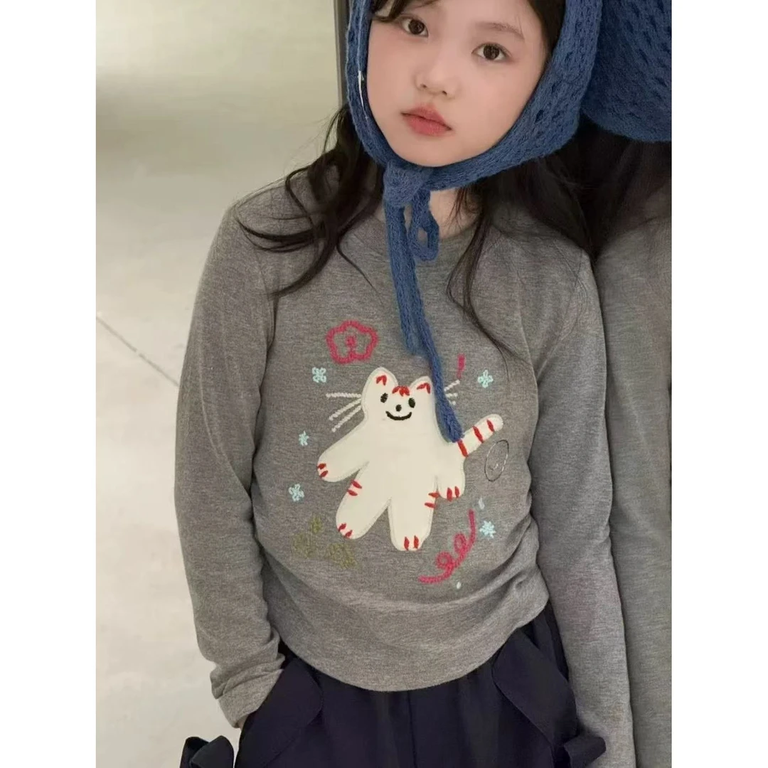 女童秋季时尚长袖T恤洋气刺绣韩版打底衫时髦莫代尔百搭炸街上衣