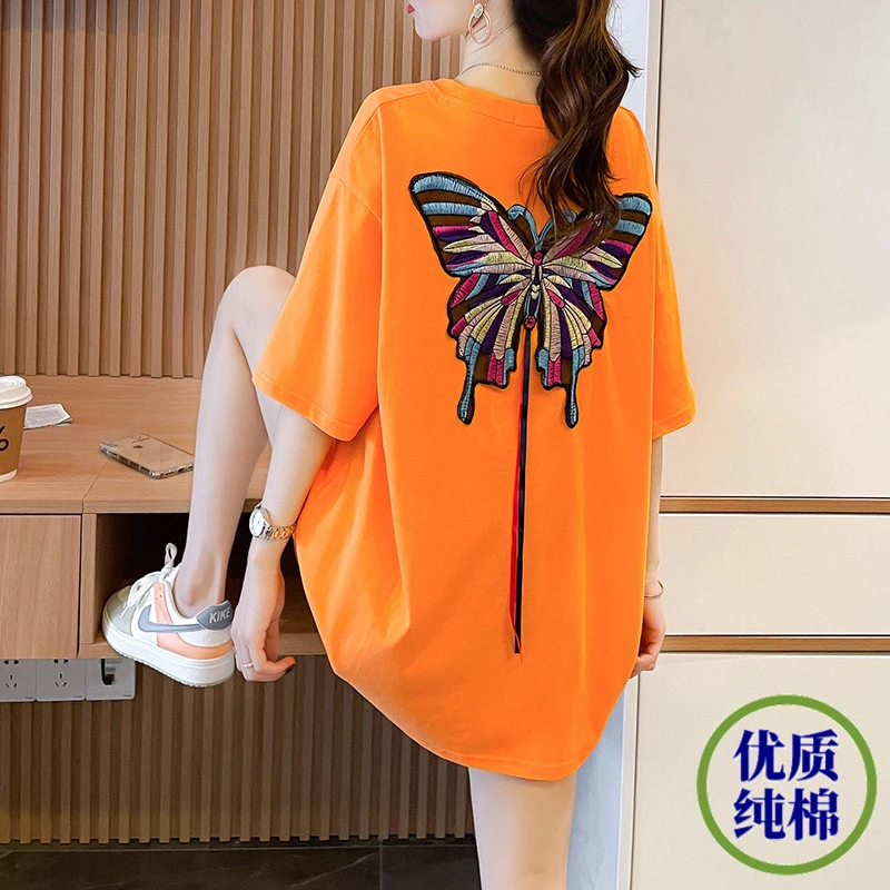 纯棉中长款遮屁股短袖t恤女夏季新款韩版宽松休闲刺绣蝴蝶上衣服