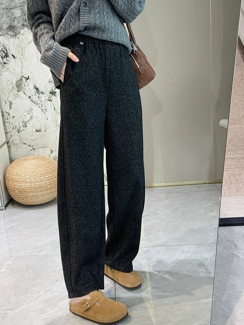 休闲裤女款裤子高腰灰色长裤阔腿裤秋冬复古时尚黄色窄版直筒裤