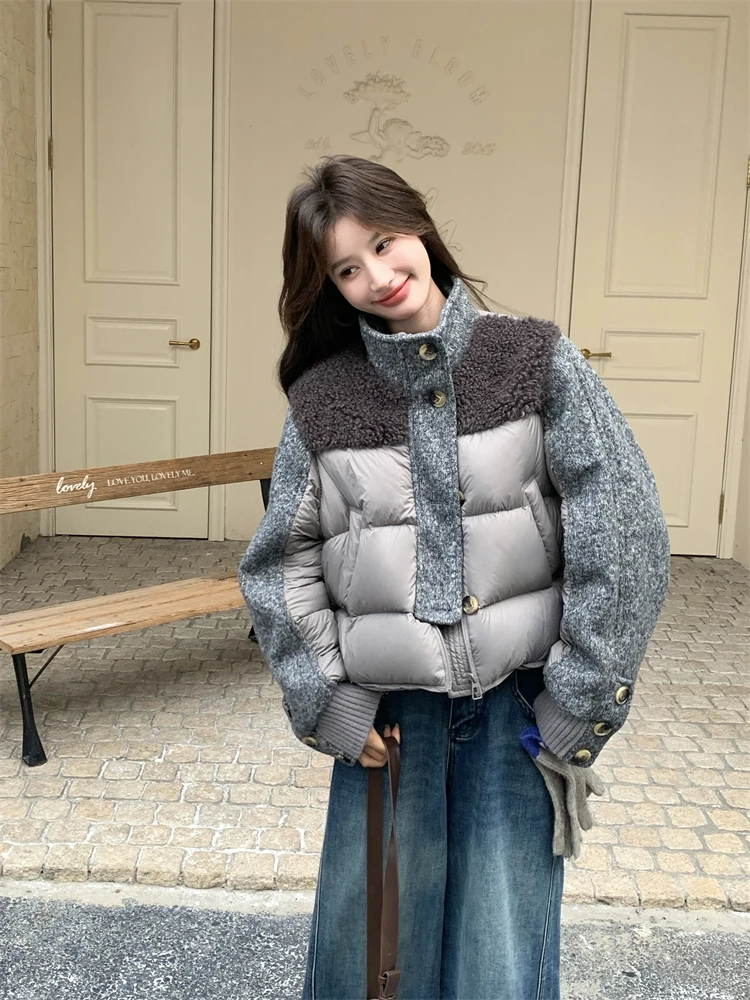 灰色羊羔毛拼接棉服女冬季2025新款爆款流行超火面包服短款韩系