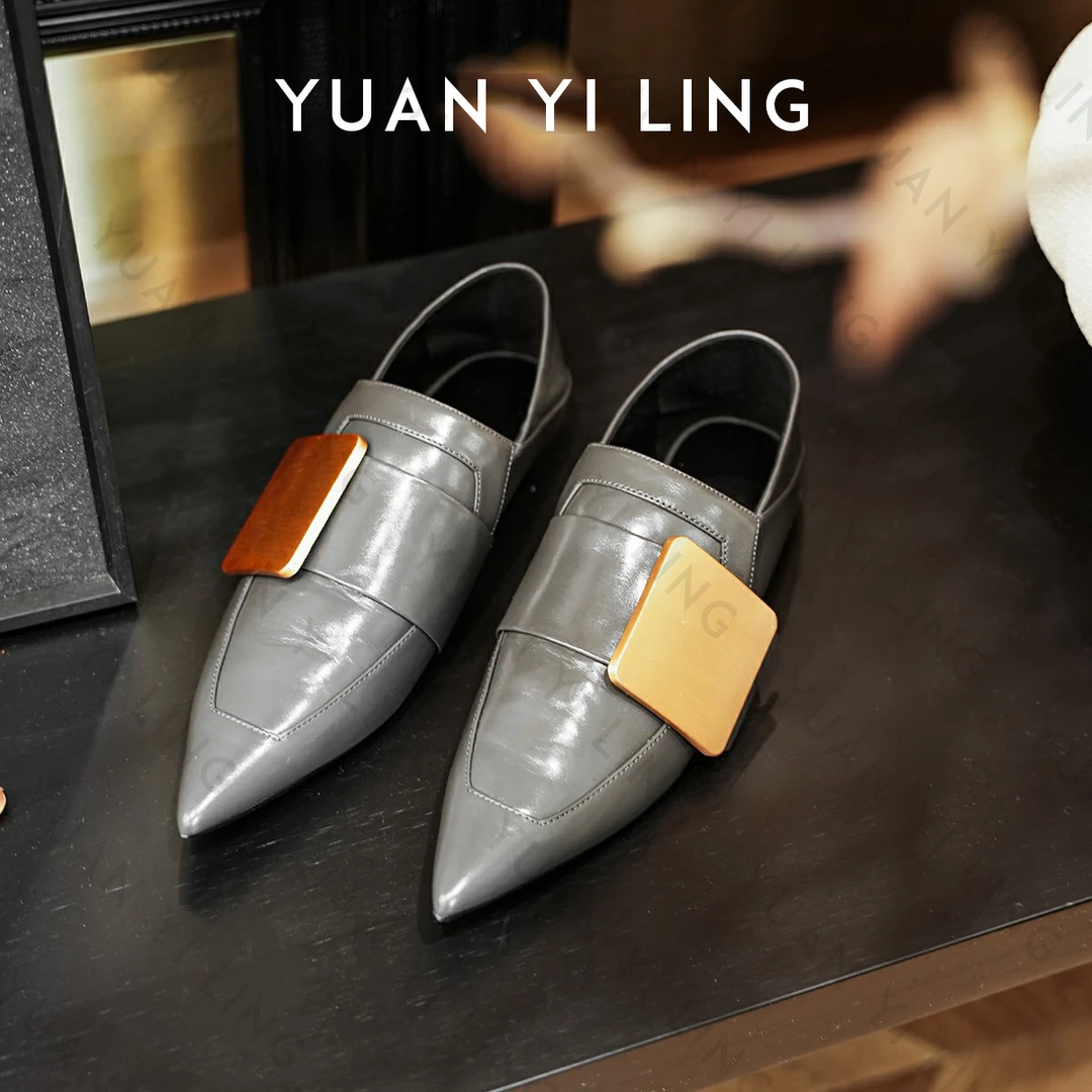 YUAN YI LING【高奢系列】尖头方扣油蜡皮鞋女鞋英伦风高级感尖头鞋