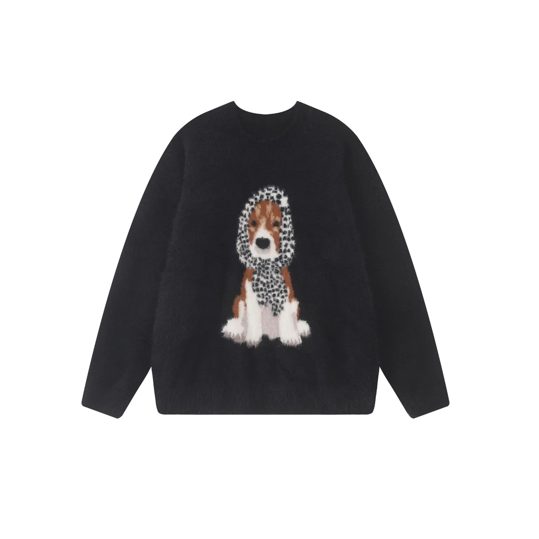 F426国潮牌美式趣味复古小狗圆领毛衣情侣套头长袖圆领慵懒风0195