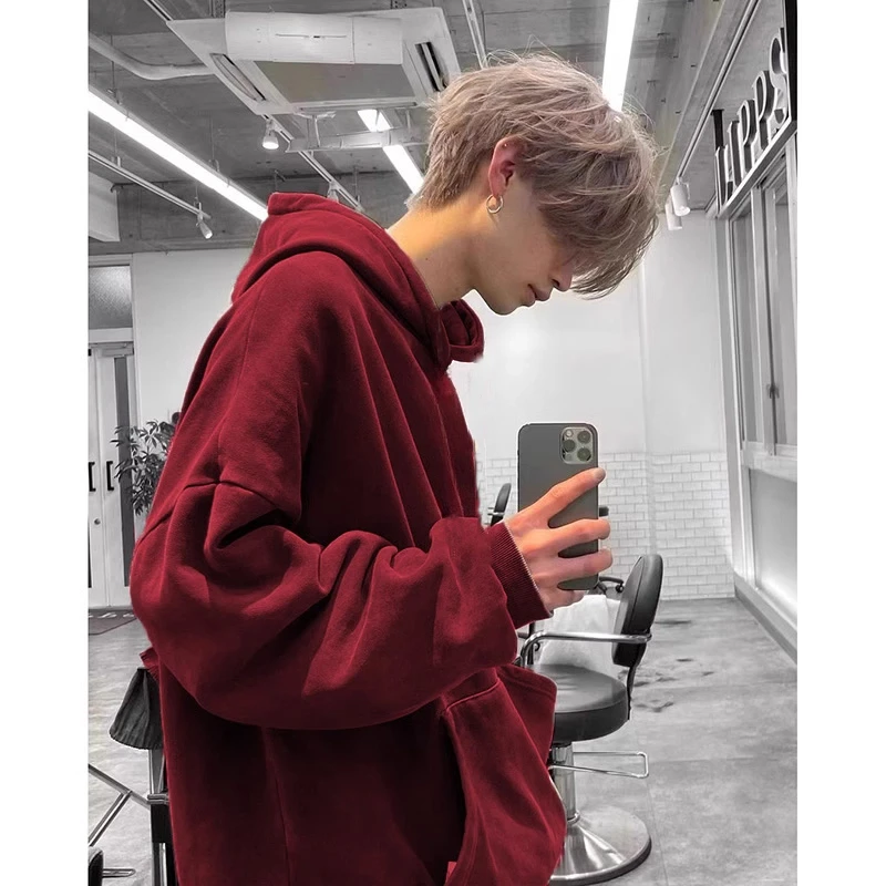 酒红色美式复古高克重磅卫衣男秋冬宽松痞帅连帽情侣oversize外套