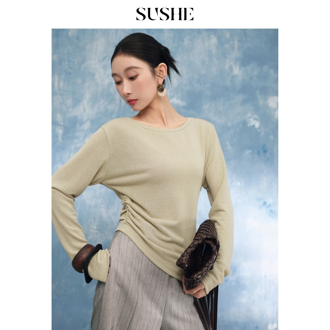 束皙SUSHE 梦寐 2025年春季新款圆领抽褶长袖修身针织衫T恤女