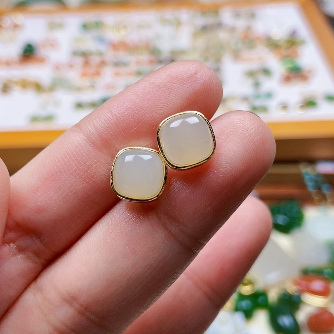 和田玉耳饰银S925镶嵌