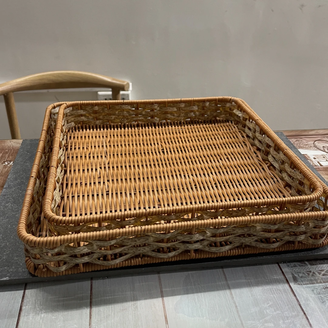 仿藤方形水果盘货架面包零食水果展示盘家用桌面茶具收纳盘