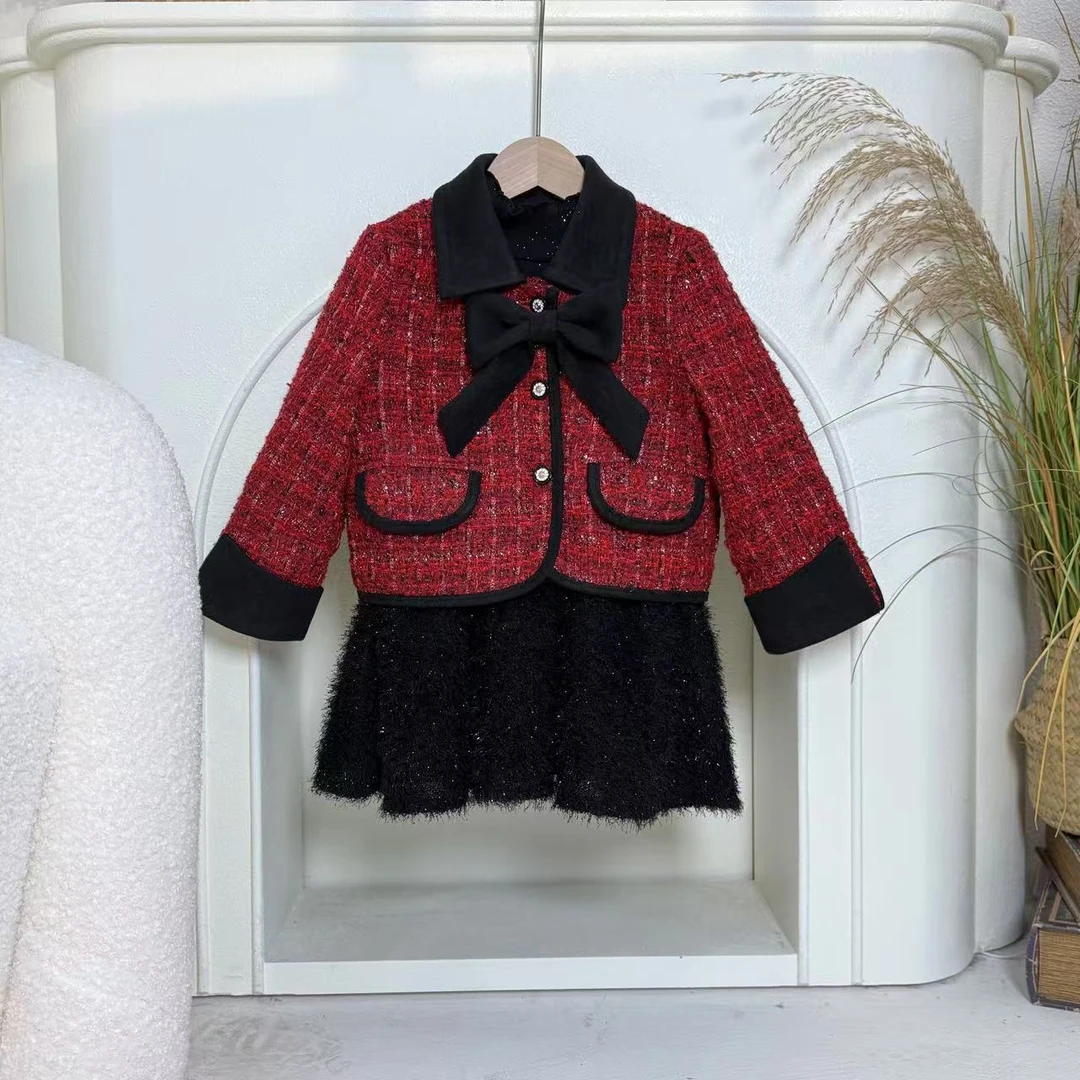 【柒喜】冬季新款女童小香风洋气蝴蝶结翻领外套短裙两件套P4085