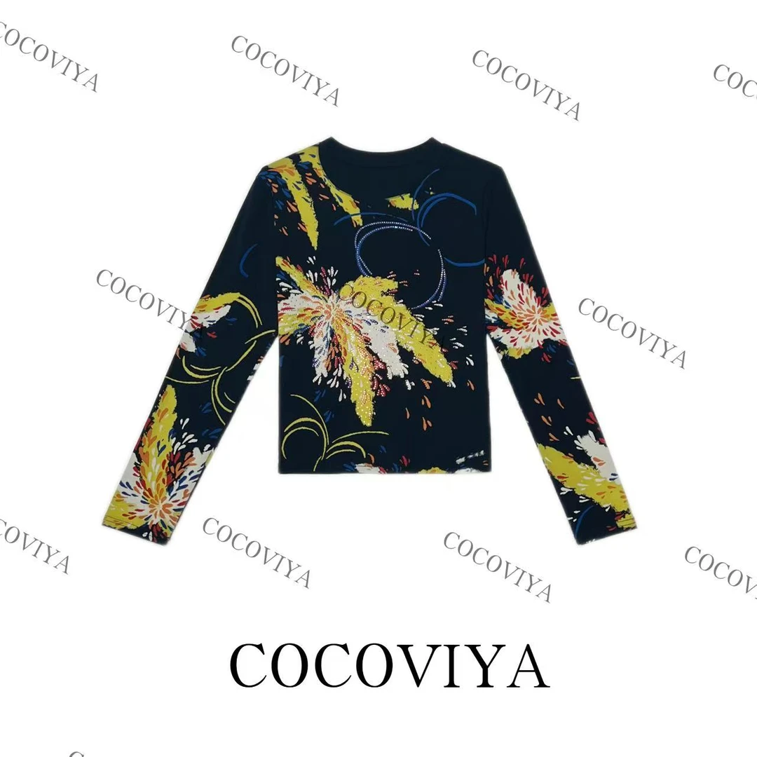 COCOVIYA【C】2025 炫彩花簇玫领华丽长袖T恤遮肉显瘦上衣26C-861