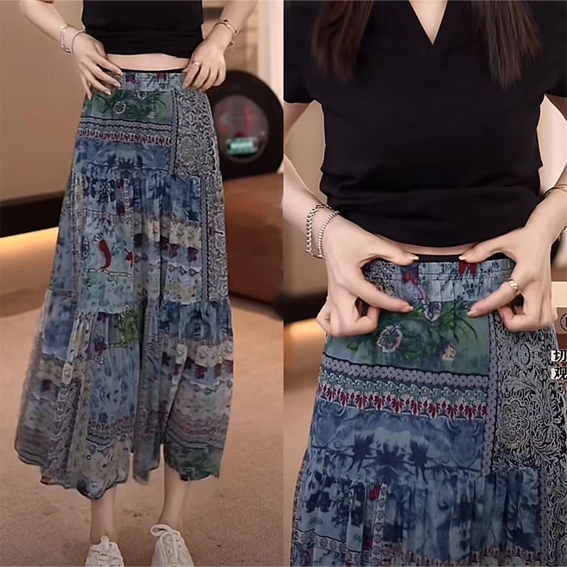 时尚气质垂感复古印花半身裙女夏季新款高腰显瘦百搭褶皱中长裙子