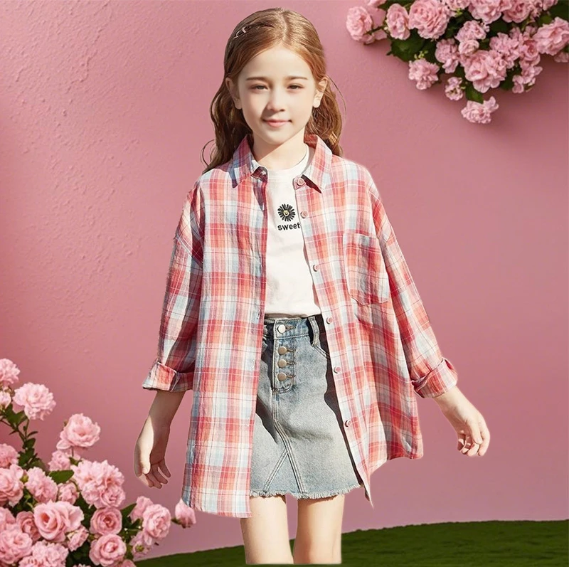 JIAJUN女童衬衫2025年春装中大童时尚格纹休闲衬衫外套儿童衬衫04