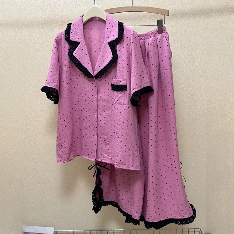 法式甜美波点印花睡衣女夏季短袖长裤蕾丝花边慵懒风套装翻领开衫