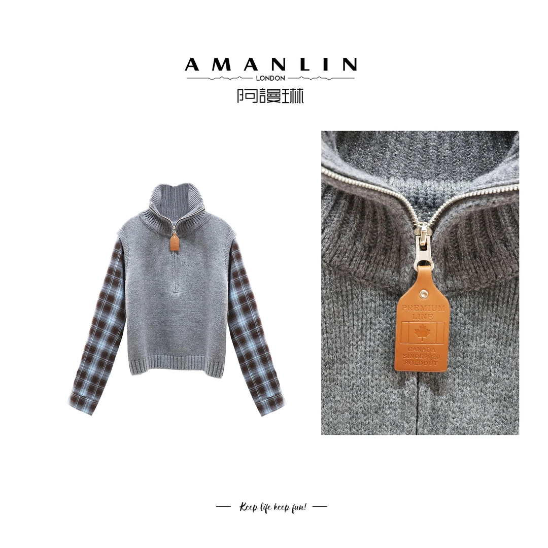 【AMANLIN】气质设计感立领格纹拼接针织显瘦修身套头上衣F595000