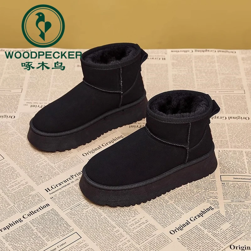 啄木鸟厚底雪地靴女2025新款冬季短简加绒加厚保暖防水东北大棉鞋