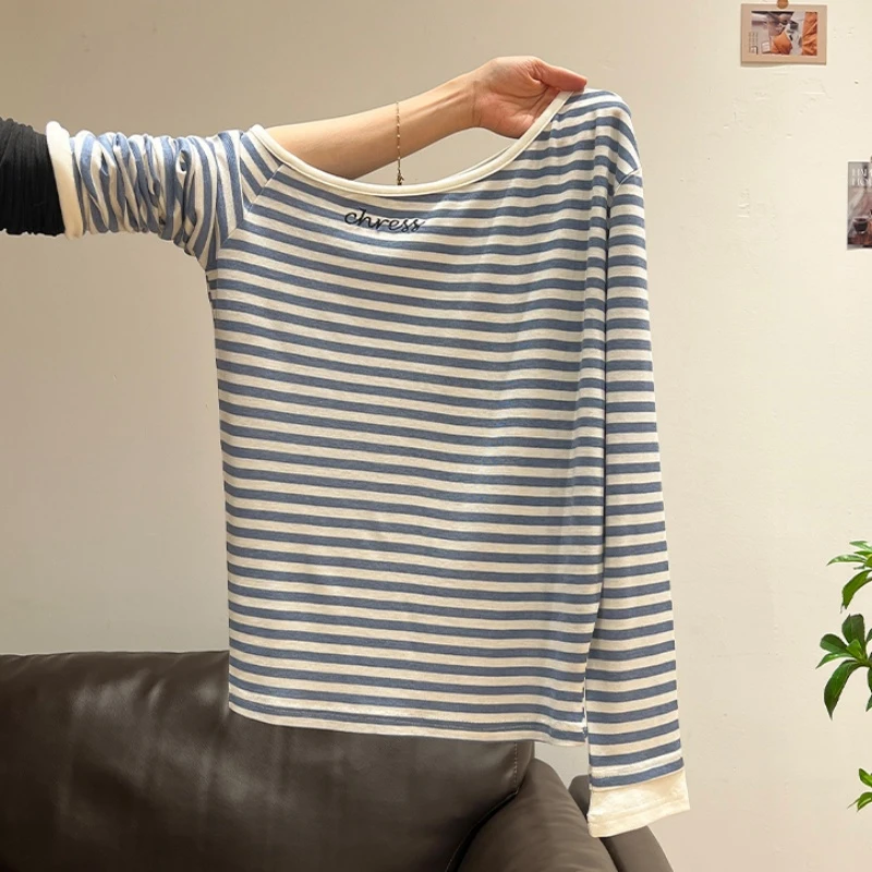 2025春新款韩版时尚撞色字母条纹长袖T恤简约百搭显瘦斜肩上衣女