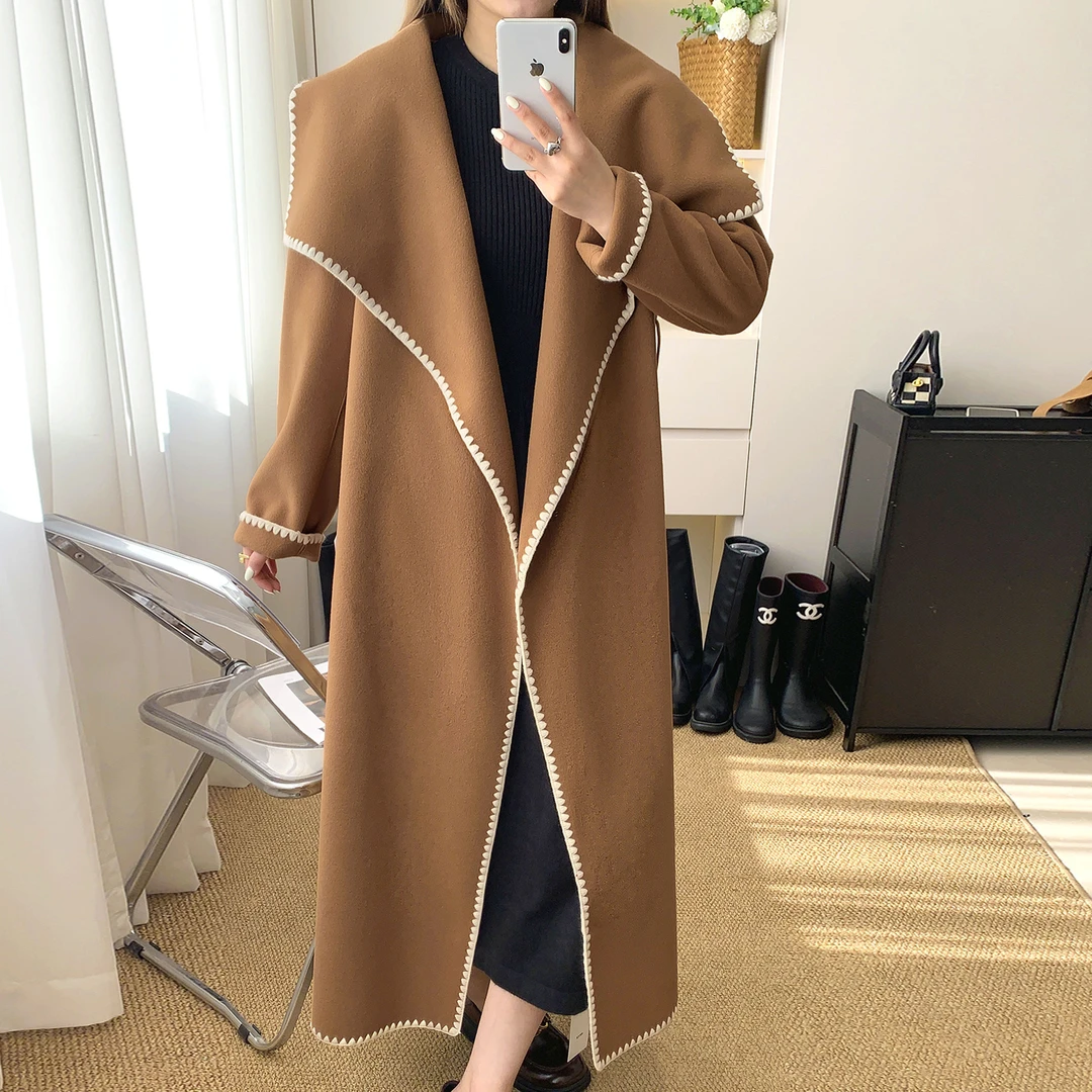 轻奢线！气质有腔调~简约翻领撞色边呢料宽松百搭中长款腰带大衣