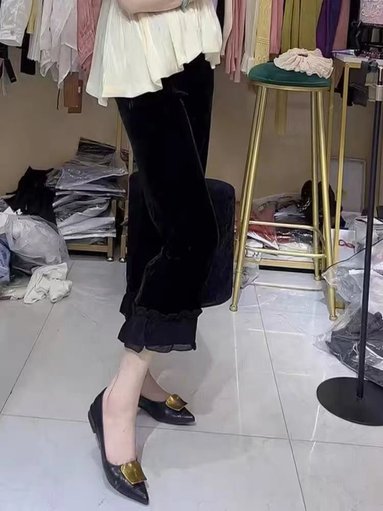 夏季丝绒木耳边直筒九分宽松显瘦百搭女裤