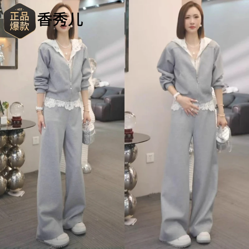 假两件春夏穿搭套装慵懒风蕾丝拼接连帽卫衣阔腿裤运动休闲两件套
