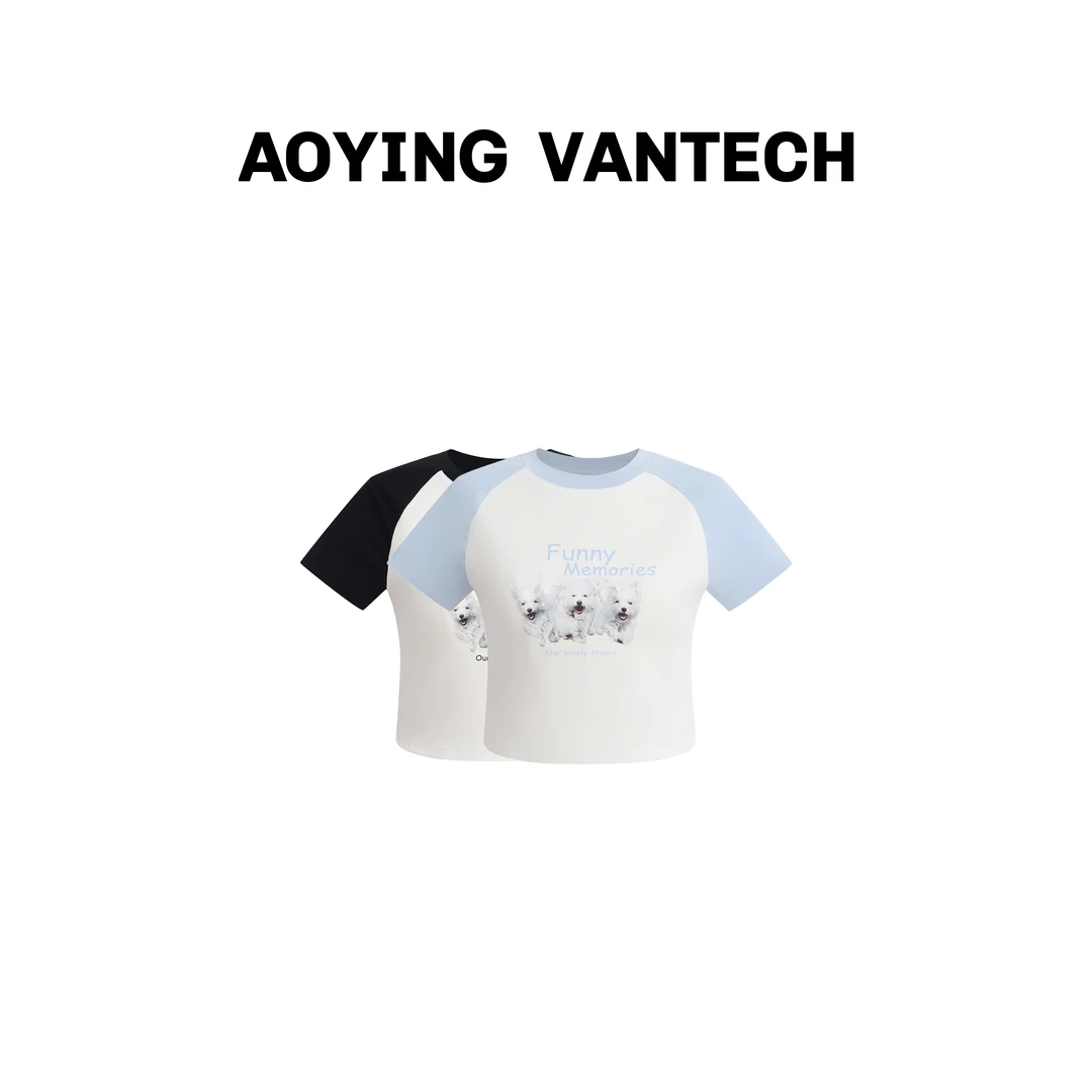 【奔跑汪汪】复古小狗印花插肩袖圆领T恤甜酷辣妹短袖AYWT04140
