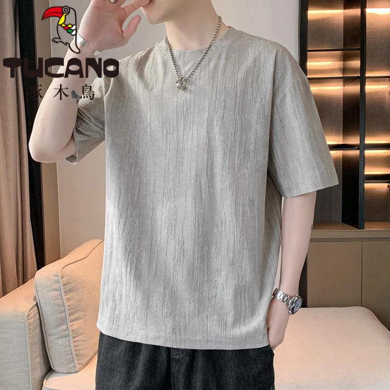 啄木鸟提花短袖t恤男士2025夏季新款潮牌宽松纯色半袖男凉感运动