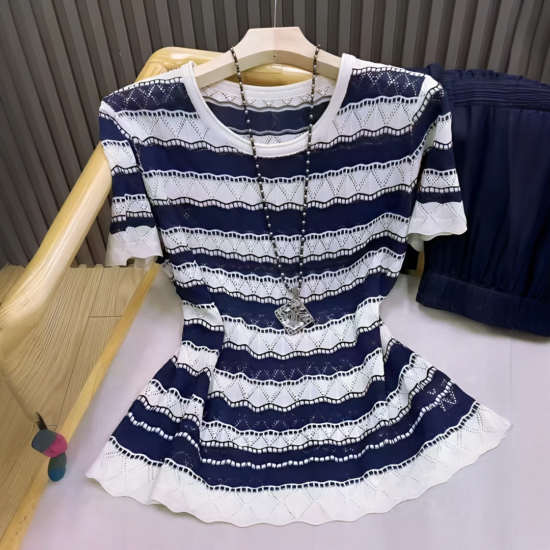 夏季薄款花边条纹镂空撞色圆领针织衫女短袖T恤宽松显瘦短款上衣