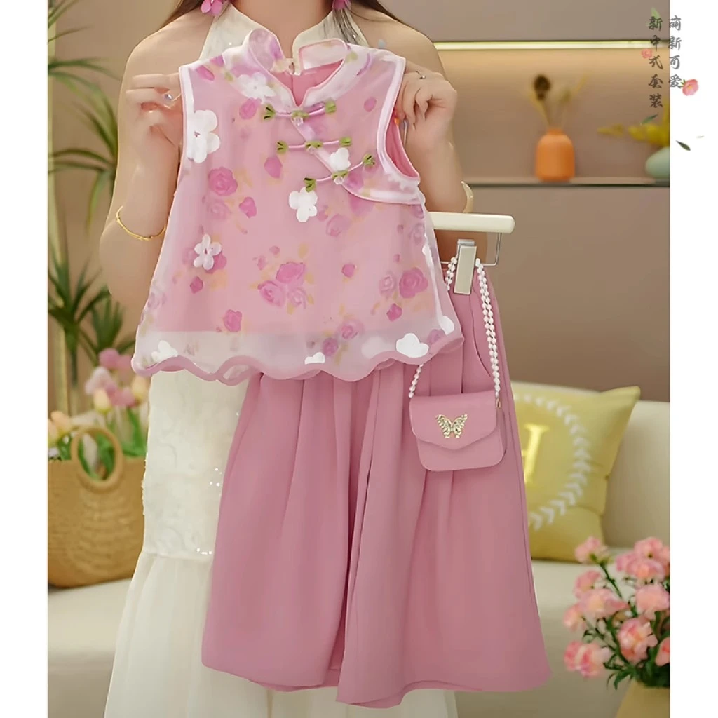 女童新中式绣花无袖八分裤套装2025新款国风背心超薄阔腿裤复古潮