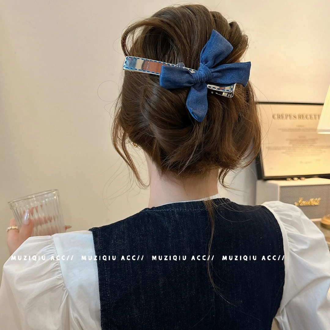 木子秋韩系简约布艺蝴蝶结银色鸭嘴夹高端气质时尚温柔简约搭发夹