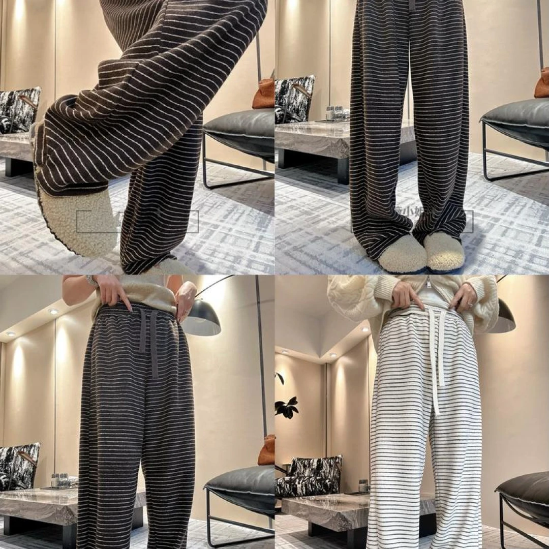 秋冬百搭高腰宽松直筒裤外穿条纹糯米毛巾拖地裤坠感显瘦女长裤子