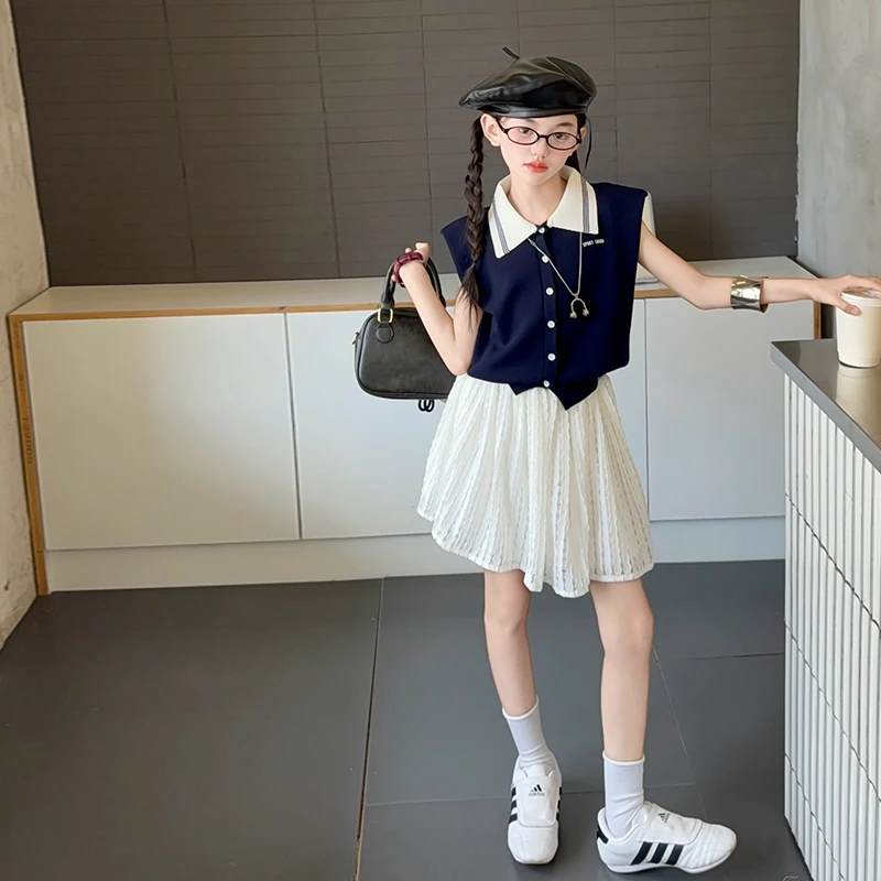 日常穿搭夏季实拍有模特常规套装上衣韩版针织小香风女童时尚