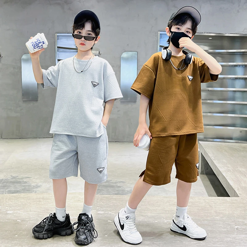 男童夏装短袖短裤套装透气韩版中大童男孩圆领T恤两件套帅气洋气