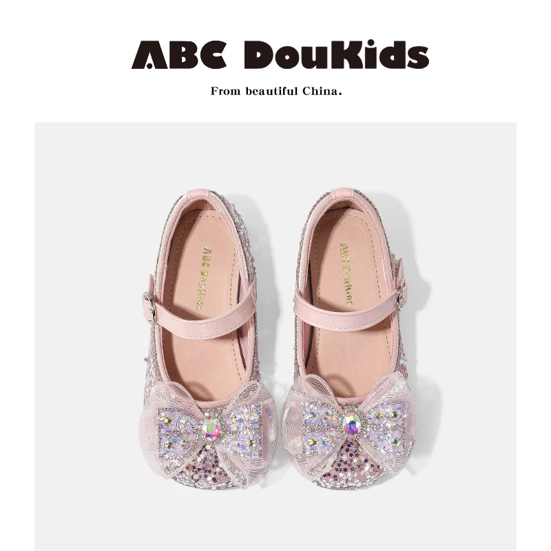 ABC Doukids2025水钻魔术贴鞋子超纤春秋时尚童鞋女宝轻奢皮鞋