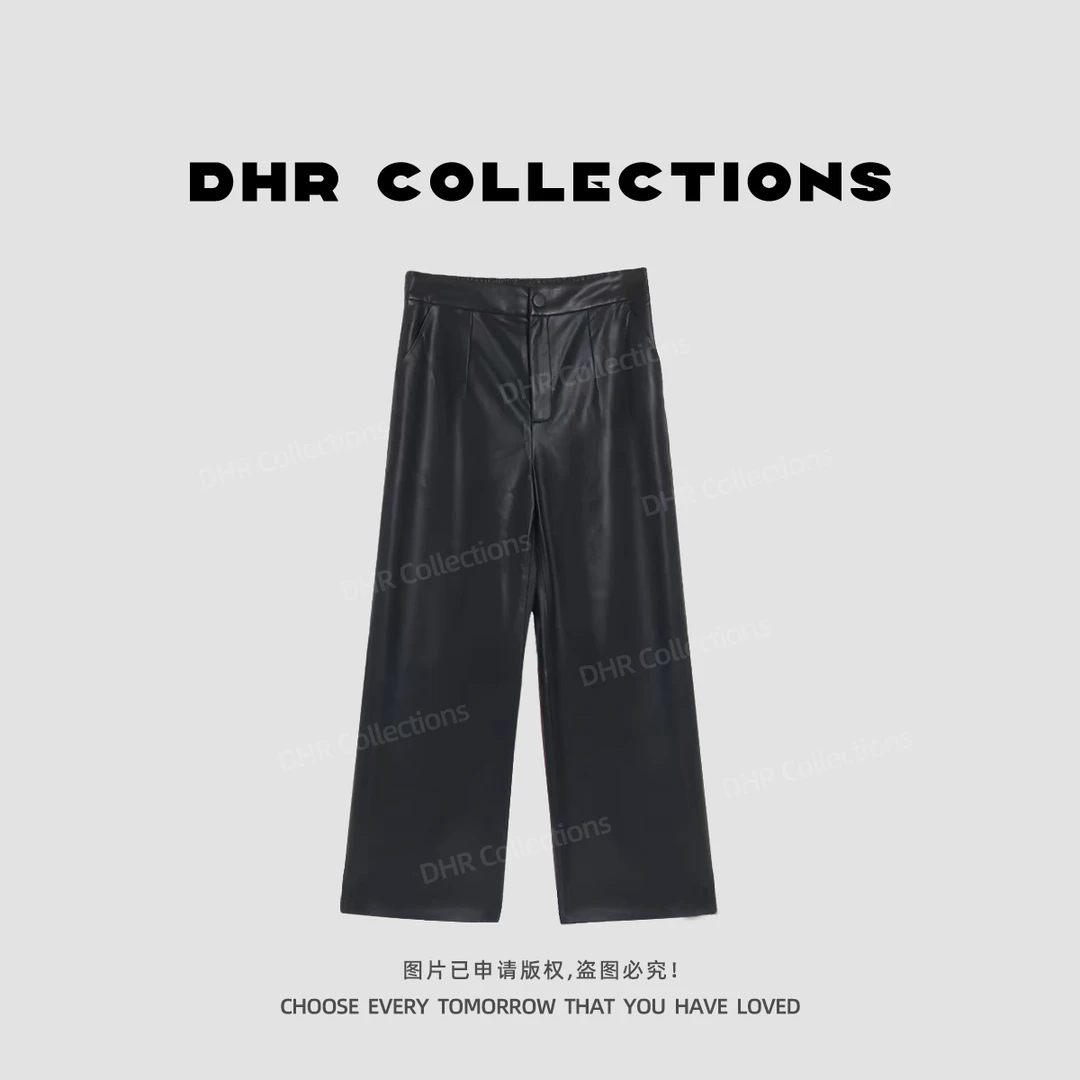 豆豆9【时髦腿精】复古港风休闲宽松黑色直筒皮裤百搭显瘦-25QK534
