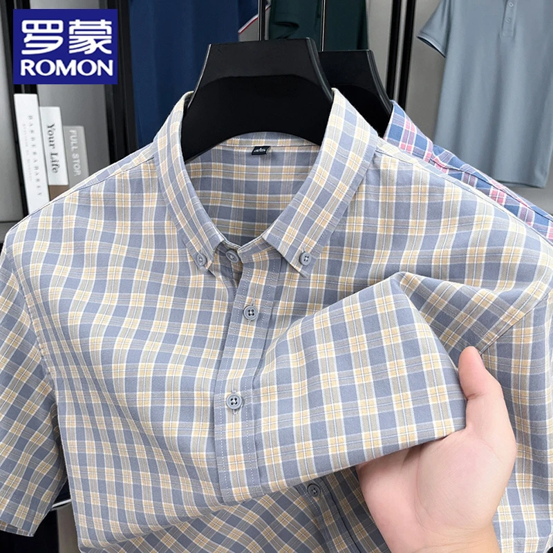 罗蒙夏季新款男士格子寸衫短袖商务休闲透气棉质上衣百搭时尚衬衫