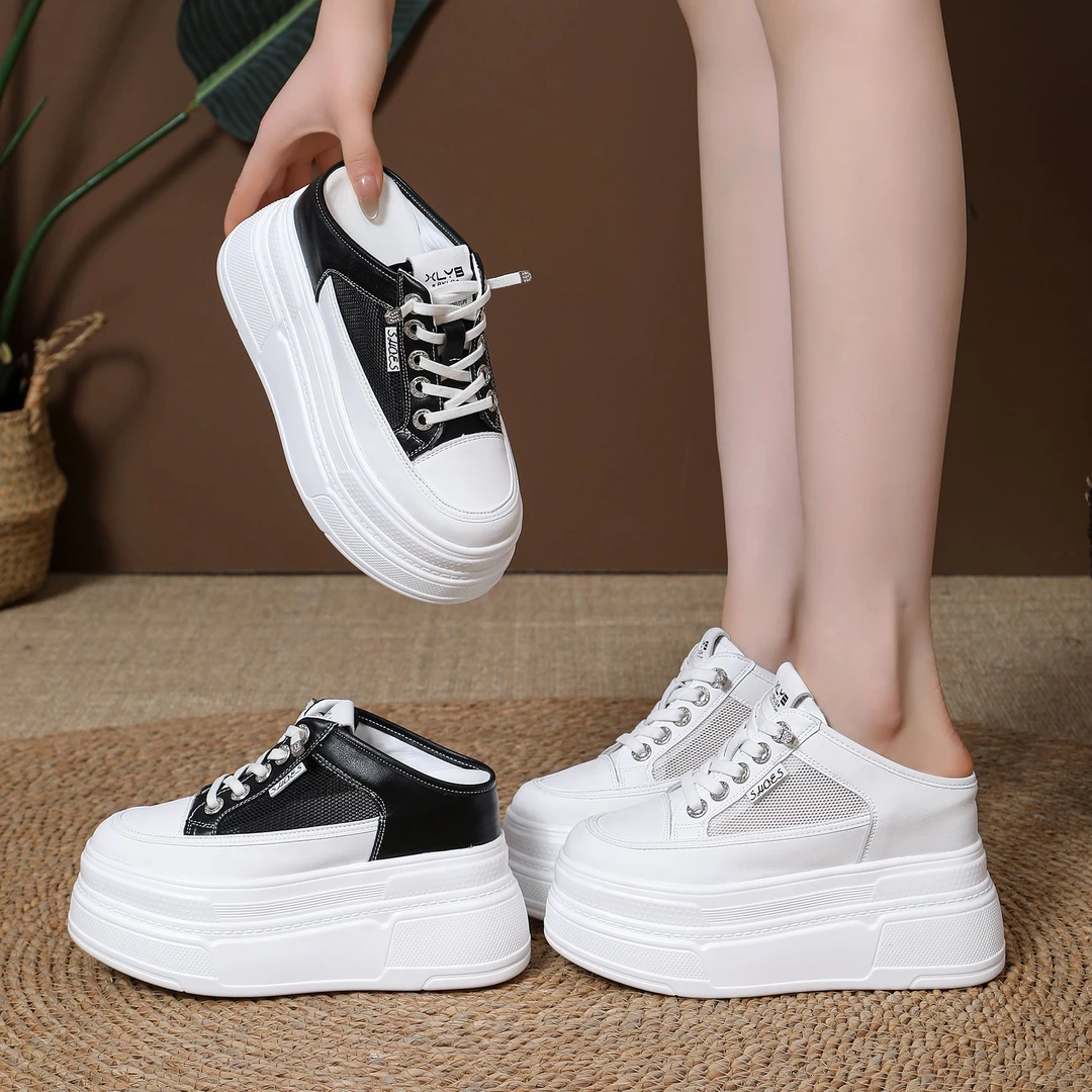 【跟高10厘米】内增高包头网面拖鞋女鞋2025春夏季新款无后跟小白鞋