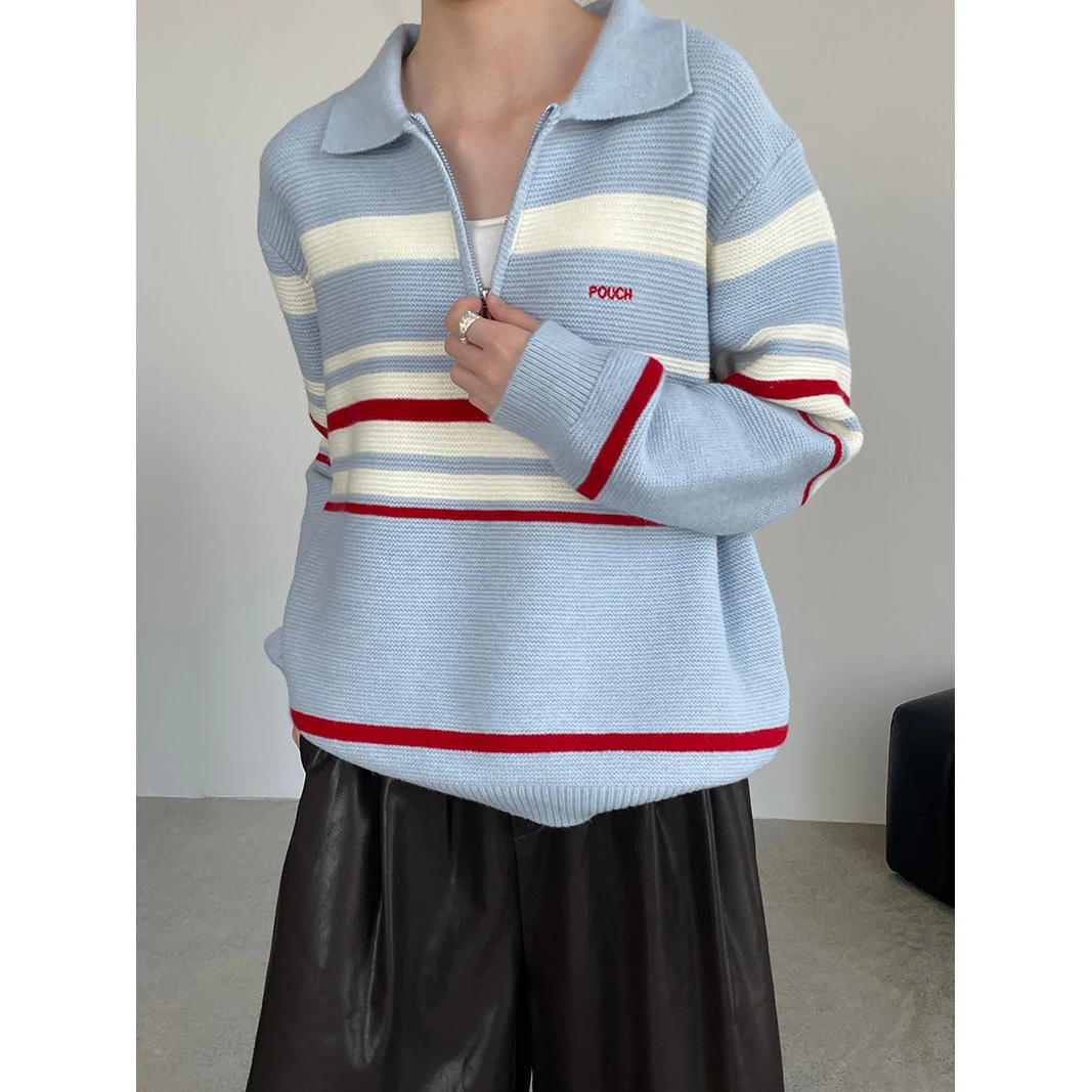 撞色条纹V领Polo领时尚秋冬翻领百搭上衣女秋松弛感宽松毛衣针织