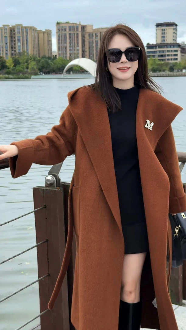 【秋风微澜】连帽长款翻领厚款休闲风毛呢外套冬季不褪色慵懒风